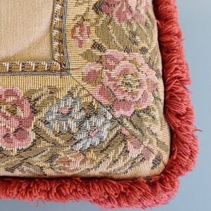 Vintage Floral Tapestry Accent Pillow with Red Fringe
